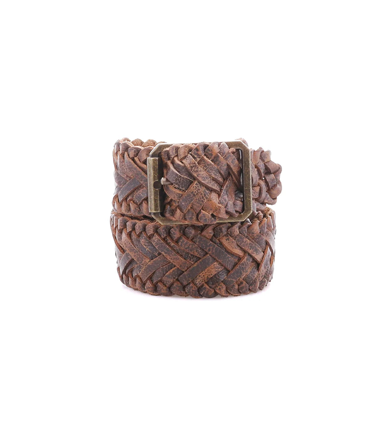 Trestles Clothing Company Proem Belt in brown handwoven leather with a vintage metal buckle and rugged texture.